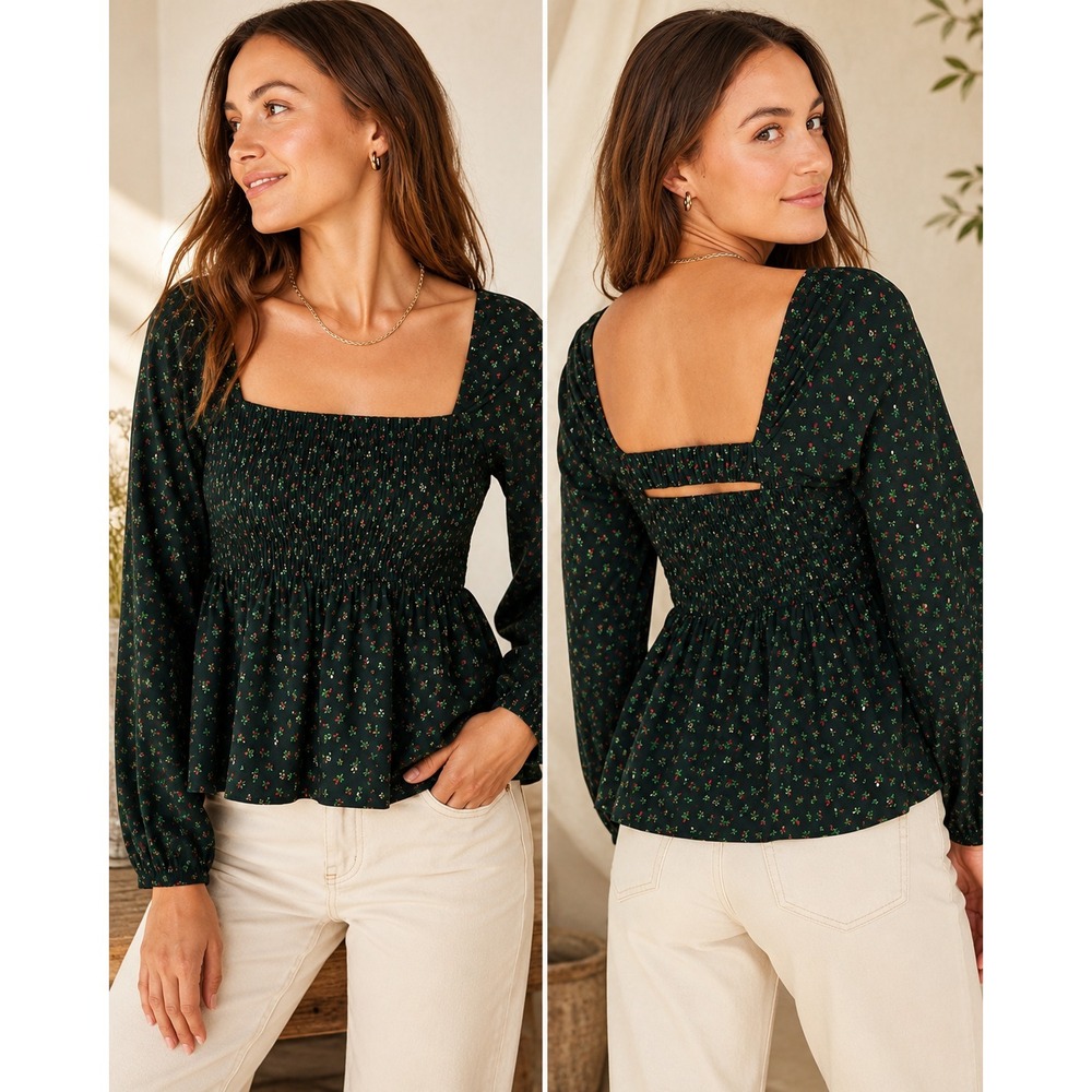 NWT Old Navy Green Floral Smocked Peplum Top Square Neck Cutout Cottagecore XL